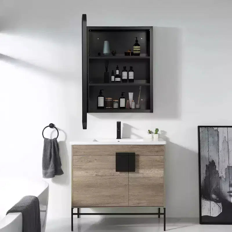 Espejo de baño con gabinete de 24x16, marco de acero inoxidable, 2 estantes ajustables, empotrado o para montaje en pared, negro
