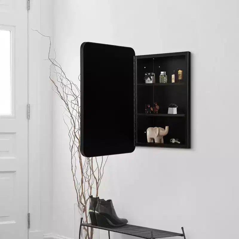 Espejo de baño con gabinete de 24x16, marco de acero inoxidable, 2 estantes ajustables, empotrado o para montaje en pared, negro