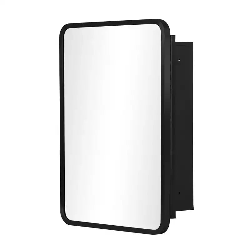 Espejo de baño con gabinete de 24x16, marco de acero inoxidable, 2 estantes ajustables, empotrado o para montaje en pared, negro