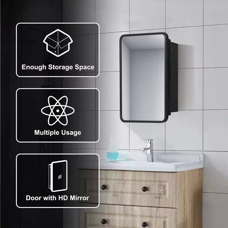 Espejo de baño con gabinete de 24x16, marco de acero inoxidable, 2 estantes ajustables, empotrado o para montaje en pared, negro