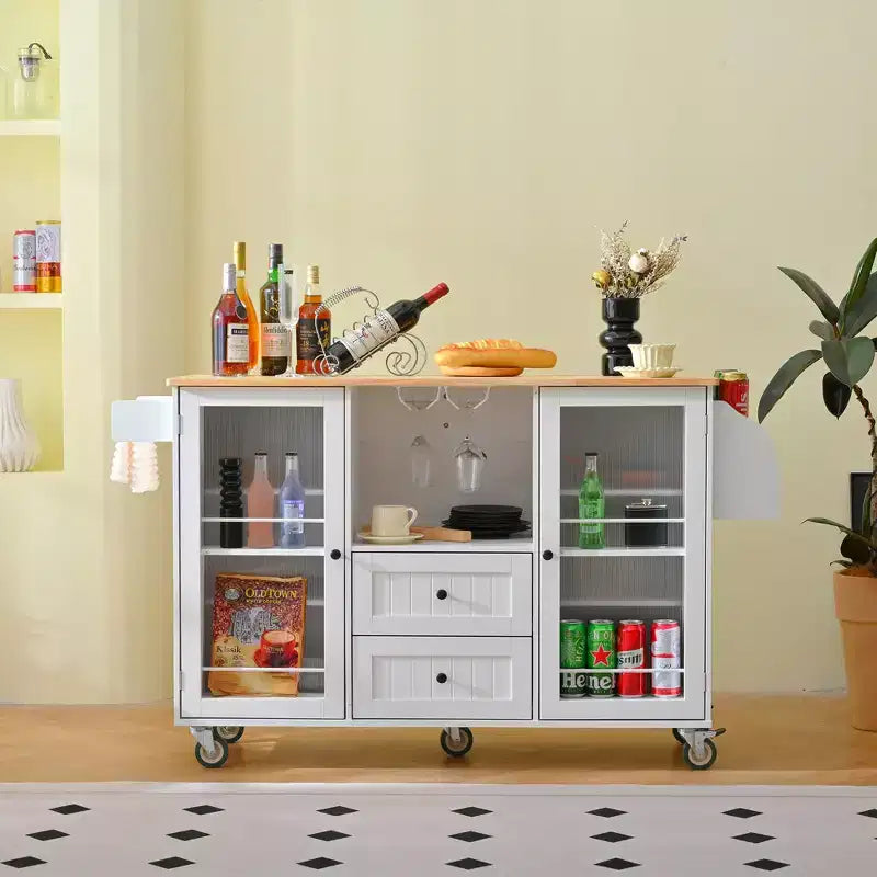GDFStudio Kathleen Modern 47.6 Wood Mobile Kitchen Island Storage Trolley Cart with Dropleaf Top