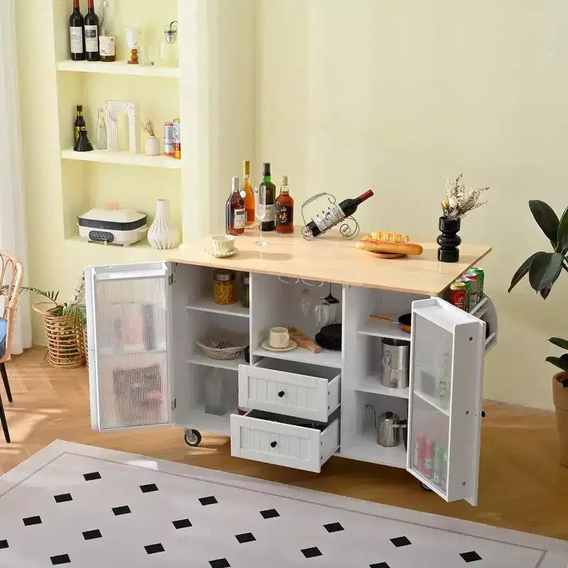 Isla de Cocina Móvil de Madera Moderna de 47.6" Carrito con Tapa Abatible, Cajones y Gabinete