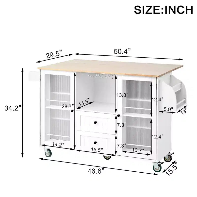 Isla de Cocina Móvil de Madera Moderna de 47.6" Carrito con Tapa Abatible, Cajones y Gabinete
