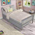 Cama doble con plataforma y nido – Estructura de madera maciza de pino, cabecero y piecero, gris, no necesita somier