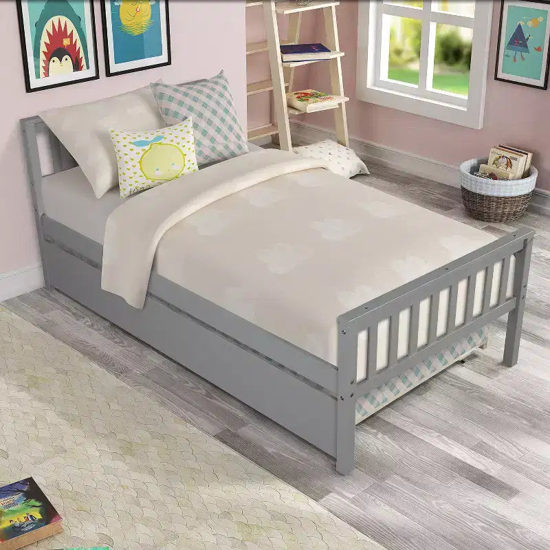 Cama doble con plataforma y nido – Estructura de madera maciza de pino, cabecero y piecero, gris, no necesita somier