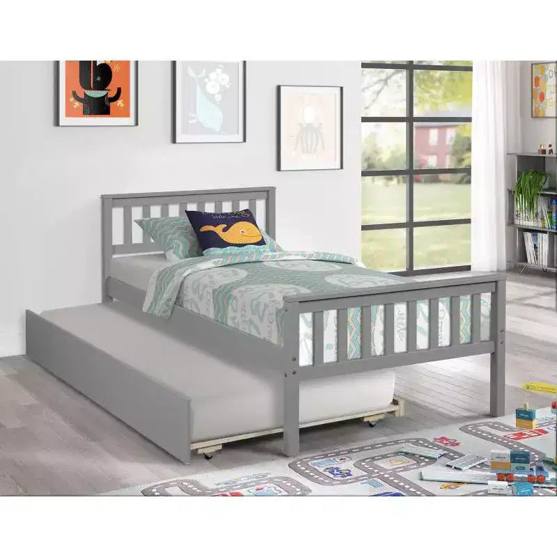 Cama doble con plataforma y nido – Estructura de madera maciza de pino, cabecero y piecero, gris, no necesita somier
