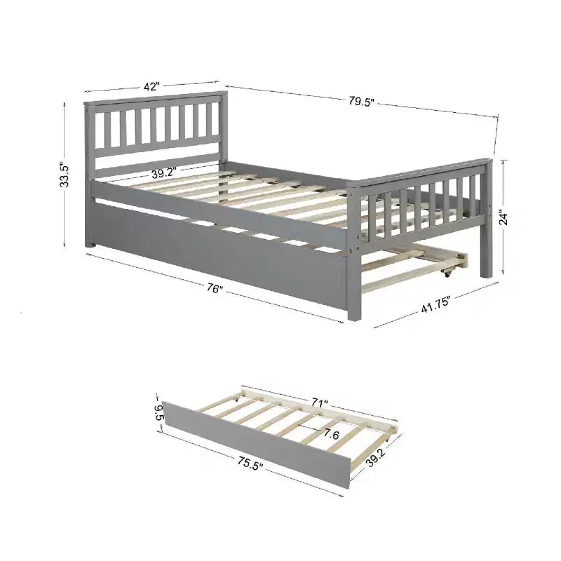 Cama doble con plataforma y nido – Estructura de madera maciza de pino, cabecero y piecero, gris, no necesita somier