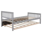 Cama doble con plataforma y nido – Estructura de madera maciza de pino, cabecero y piecero, gris, no necesita somier