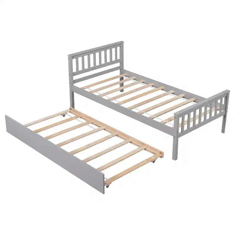 Cama doble con plataforma y nido – Estructura de madera maciza de pino, cabecero y piecero, gris, no necesita somier