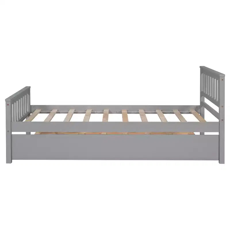 Cama doble con plataforma y nido – Estructura de madera maciza de pino, cabecero y piecero, gris, no necesita somier