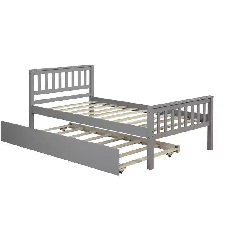 Cama doble con plataforma y nido – Estructura de madera maciza de pino, cabecero y piecero, gris, no necesita somier
