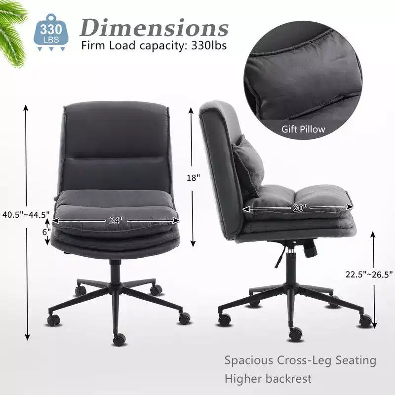 Silla de oficina tapizada sin brazos – Altura ajustable, 350 lb de capacidad, giratoria, asiento de terciopelo