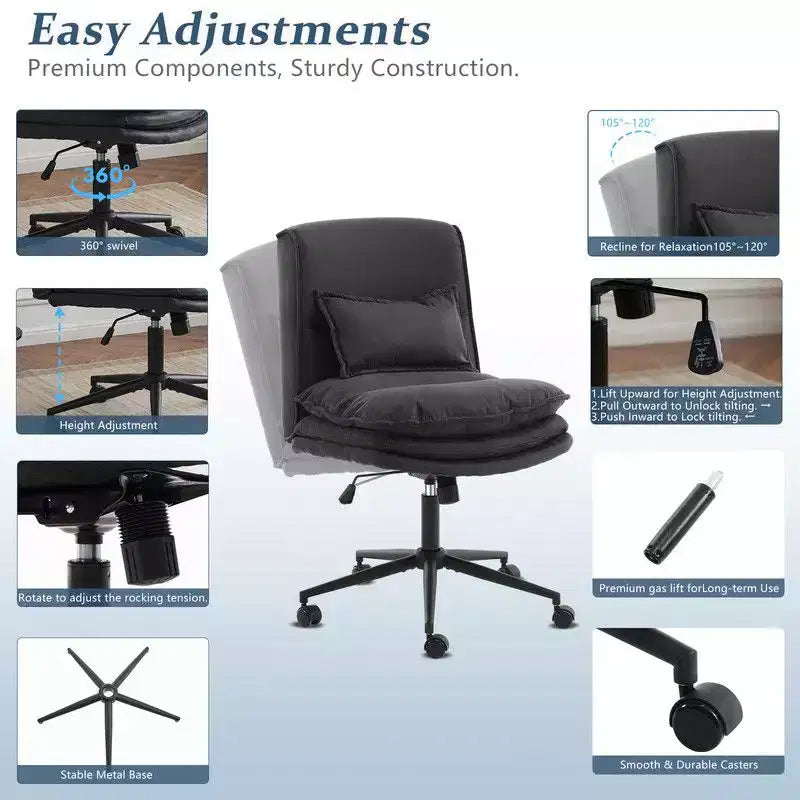 Silla de oficina tapizada sin brazos – Altura ajustable, 350 lb de capacidad, giratoria, asiento de terciopelo