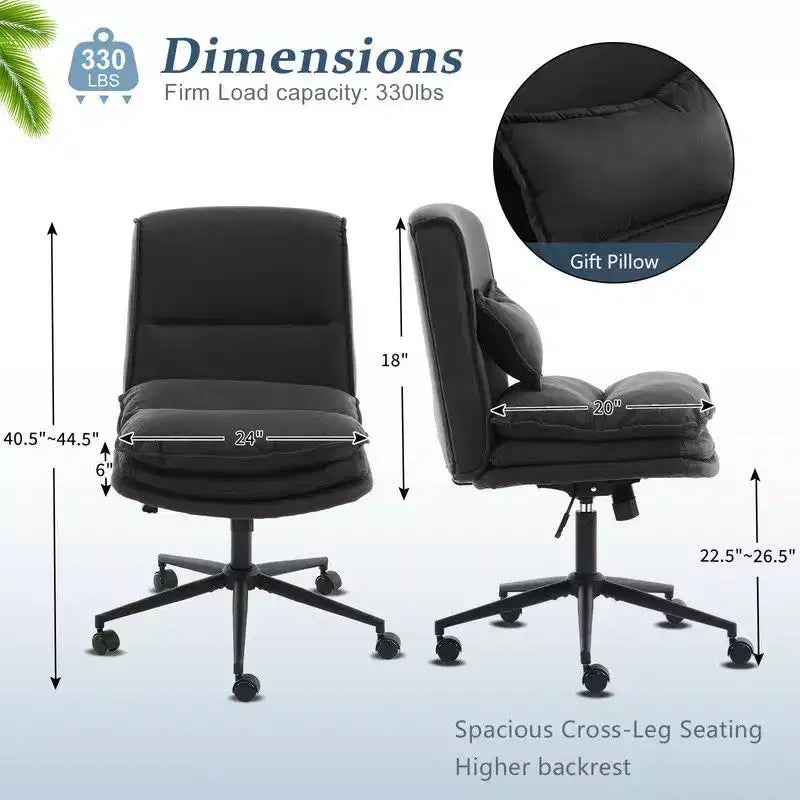 Silla de oficina tapizada sin brazos – Altura ajustable, 350 lb de capacidad, giratoria, asiento de terciopelo