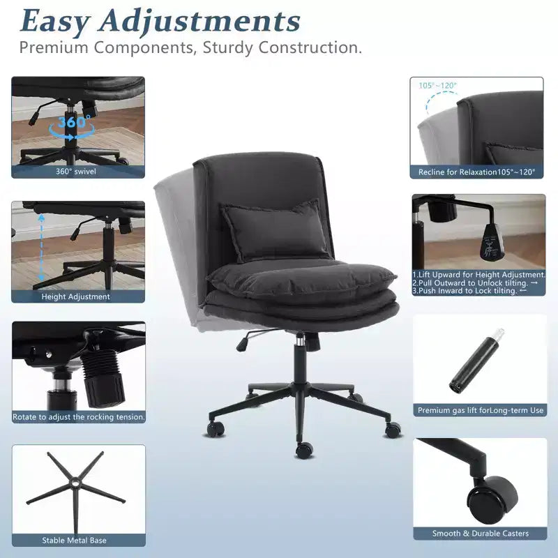 Silla de oficina tapizada sin brazos – Altura ajustable, 350 lb de capacidad, giratoria, asiento de terciopelo