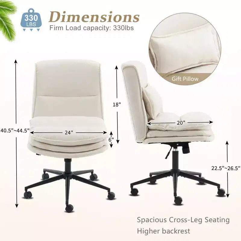 Silla de oficina tapizada sin brazos – Altura ajustable, 350 lb de capacidad, giratoria, asiento de terciopelo