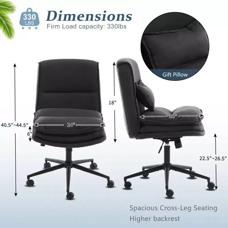 Silla de oficina tapizada sin brazos – Altura ajustable, 350 lb de capacidad, giratoria, asiento de terciopelo