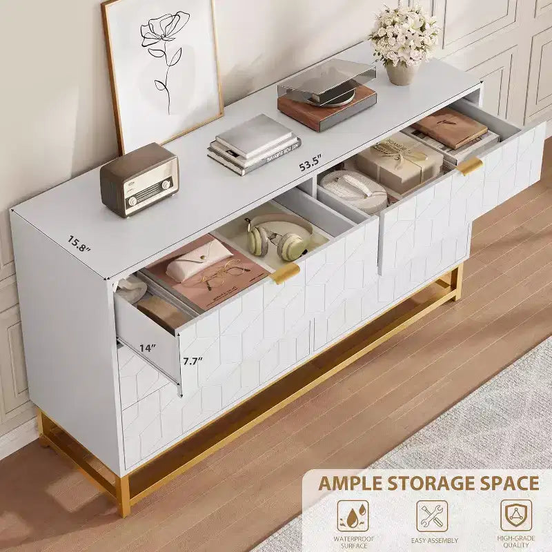 Cómoda para Dormitorio, Organizador de Cómoda Grande de 53.5 pulgadas, 6 Cajones con Tiradores y Patas de Metal Dorado, Cómoda Moderna, Cómodas Grises con Cajones