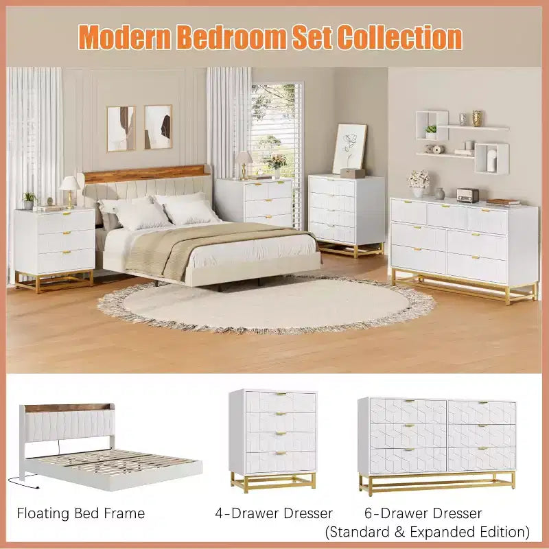 Cómoda para Dormitorio, Organizador de Cómoda Grande de 53.5 pulgadas, 6 Cajones con Tiradores y Patas de Metal Dorado, Cómoda Moderna, Cómodas Grises con Cajones