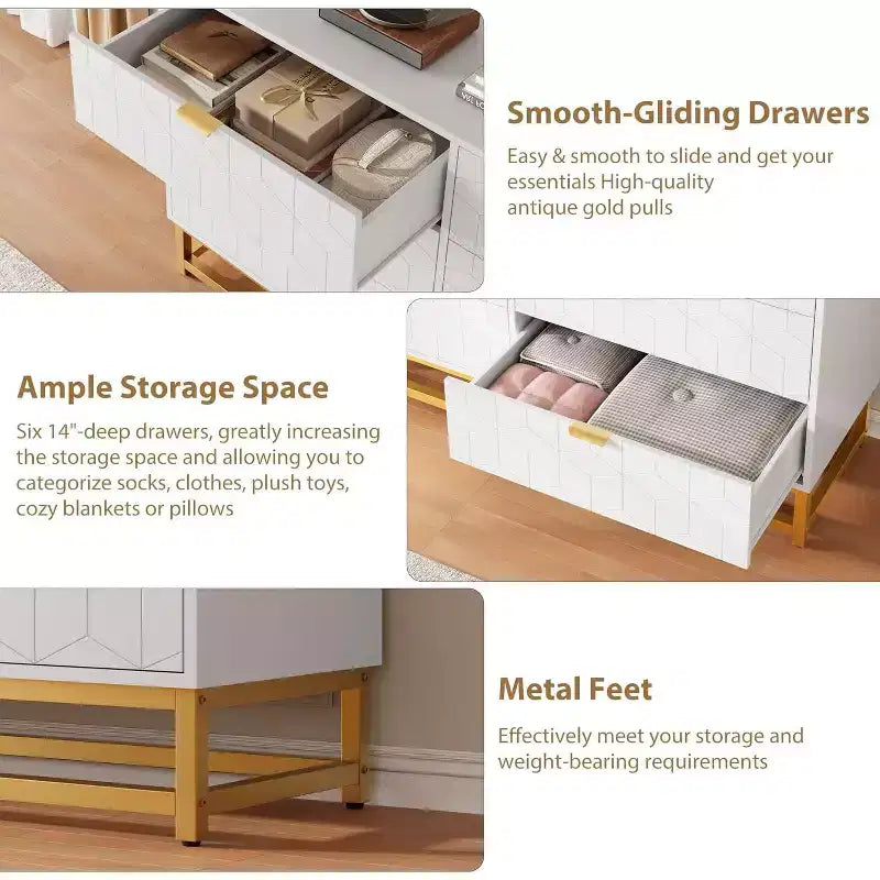 Cómoda para Dormitorio, Organizador de Cómoda Grande de 53.5 pulgadas, 6 Cajones con Tiradores y Patas de Metal Dorado, Cómoda Moderna, Cómodas Grises con Cajones