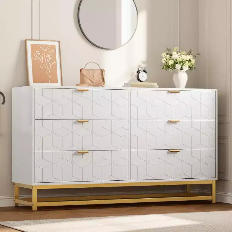 Cómoda para Dormitorio, Organizador de Cómoda Grande de 53.5 pulgadas, 6 Cajones con Tiradores y Patas de Metal Dorado, Cómoda Moderna, Cómodas Grises con Cajones