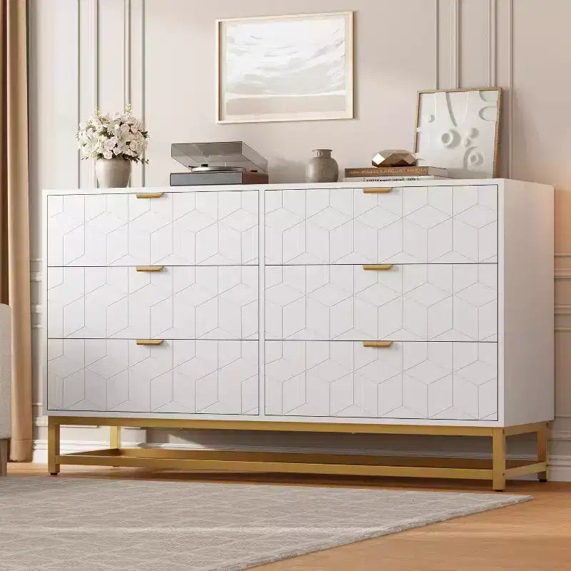 Cómoda para Dormitorio, Organizador de Cómoda Grande de 53.5 pulgadas, 6 Cajones con Tiradores y Patas de Metal Dorado, Cómoda Moderna, Cómodas Grises con Cajones