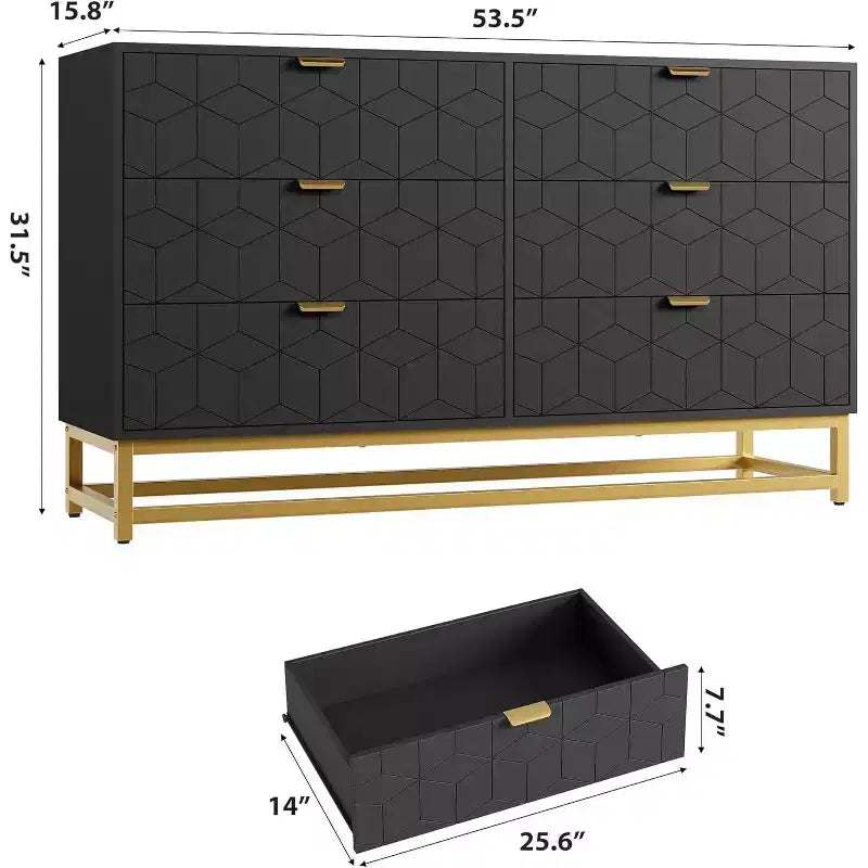Cómoda para Dormitorio, Organizador de Cómoda Grande de 53.5 pulgadas, 6 Cajones con Tiradores y Patas de Metal Dorado, Cómoda Moderna, Cómodas Grises con Cajones