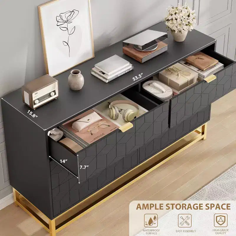 Cómoda para Dormitorio, Organizador de Cómoda Grande de 53.5 pulgadas, 6 Cajones con Tiradores y Patas de Metal Dorado, Cómoda Moderna, Cómodas Grises con Cajones