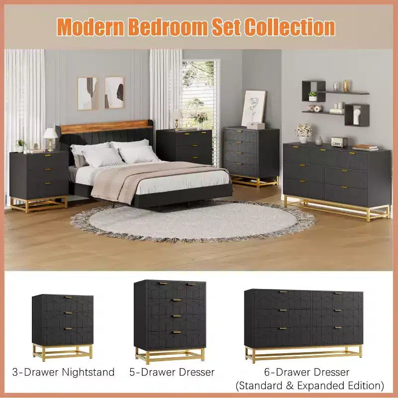 Cómoda para Dormitorio, Organizador de Cómoda Grande de 53.5 pulgadas, 6 Cajones con Tiradores y Patas de Metal Dorado, Cómoda Moderna, Cómodas Grises con Cajones