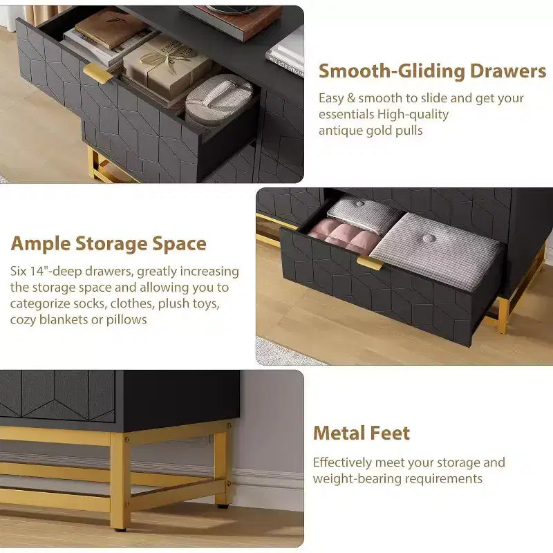 Cómoda para Dormitorio, Organizador de Cómoda Grande de 53.5 pulgadas, 6 Cajones con Tiradores y Patas de Metal Dorado, Cómoda Moderna, Cómodas Grises con Cajones