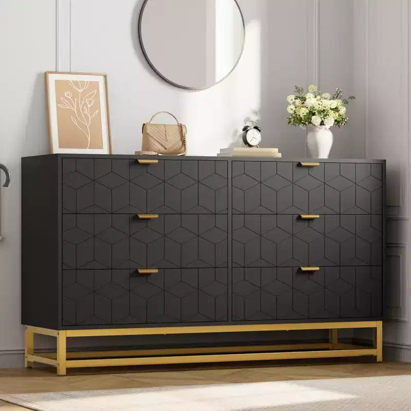 Cómoda para Dormitorio, Organizador de Cómoda Grande de 53.5 pulgadas, 6 Cajones con Tiradores y Patas de Metal Dorado, Cómoda Moderna, Cómodas Grises con Cajones