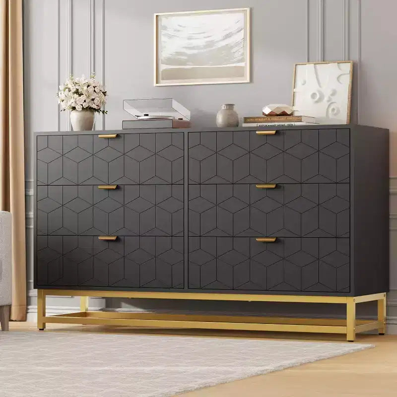Cómoda para Dormitorio, Organizador de Cómoda Grande de 53.5 pulgadas, 6 Cajones con Tiradores y Patas de Metal Dorado, Cómoda Moderna, Cómodas Grises con Cajones