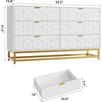 Cómoda para Dormitorio, Organizador de Cómoda Grande de 53.5 pulgadas, 6 Cajones con Tiradores y Patas de Metal Dorado, Cómoda Moderna, Cómodas Grises con Cajones