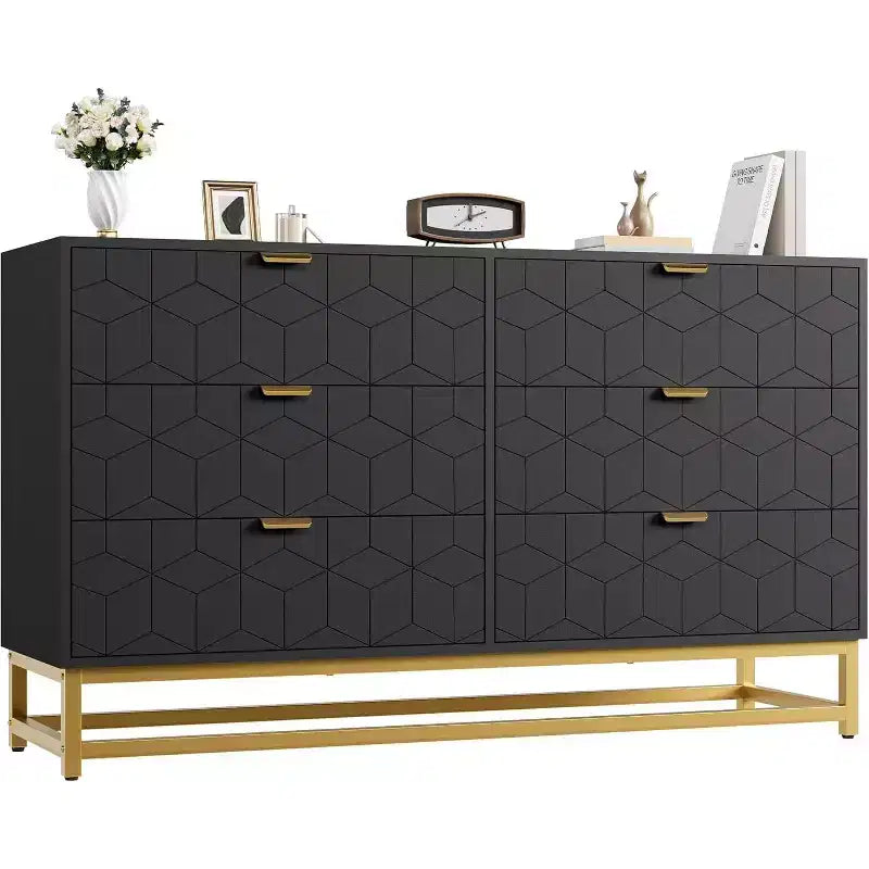 Dresser for Bedroom, 53.5 Large Dresser Organizer, 6 Drawer with Golden Metal Handle and Legs, Modern Chest of Drawers, Grey Dressers with Drawers