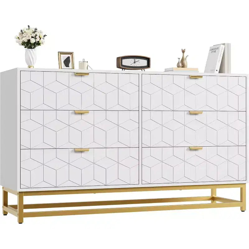 Cómoda para Dormitorio, Organizador de Cómoda Grande de 53.5 pulgadas, 6 Cajones con Tiradores y Patas de Metal Dorado, Cómoda Moderna, Cómodas Grises con Cajones