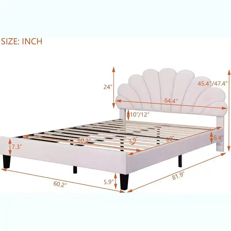 Cama Queen de plataforma de terciopelo – Cabecero floral, listones de madera, no necesita somier, rosa