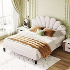 Cama Queen de plataforma de terciopelo – Cabecero floral, listones de madera, no necesita somier, rosa