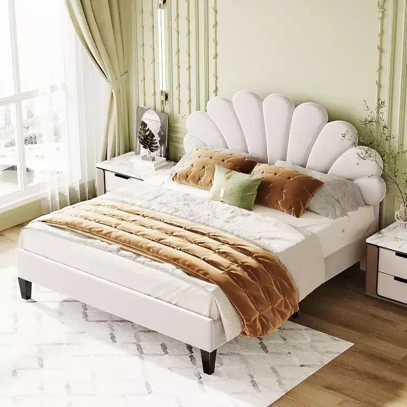 Cama Queen de plataforma de terciopelo – Cabecero floral, listones de madera, no necesita somier, rosa