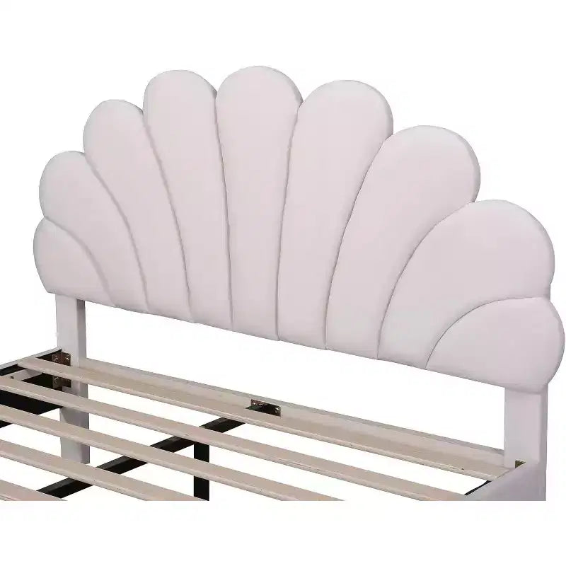 Cama Queen de plataforma de terciopelo – Cabecero floral, listones de madera, no necesita somier, rosa