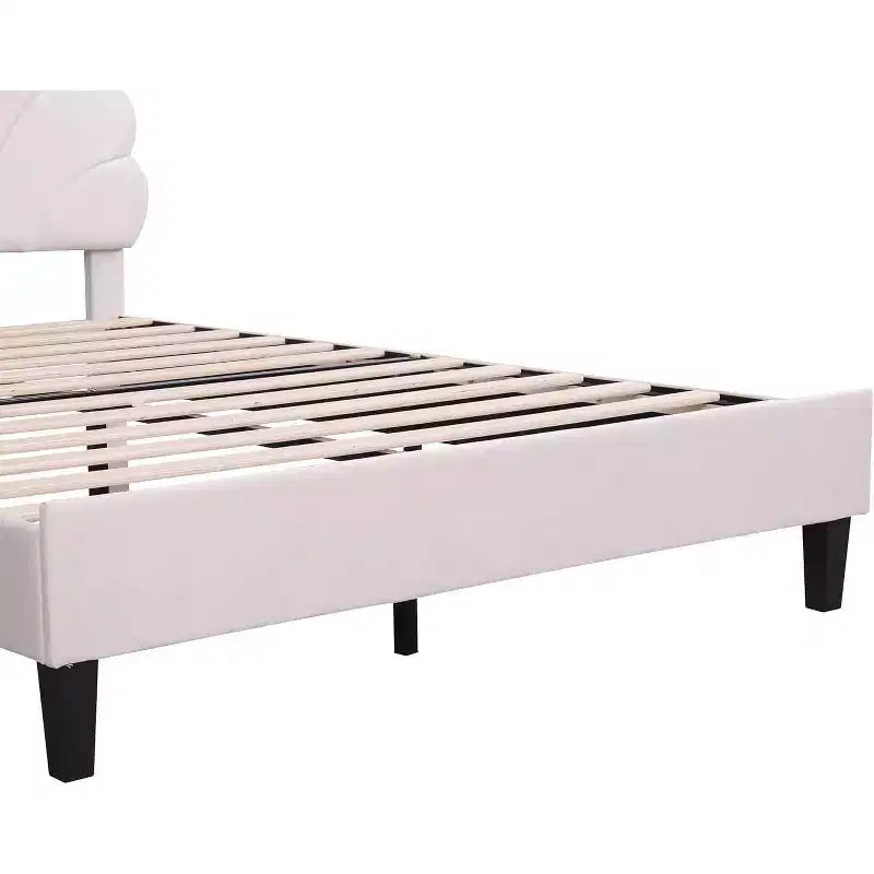 Cama Queen de plataforma de terciopelo – Cabecero floral, listones de madera, no necesita somier, rosa