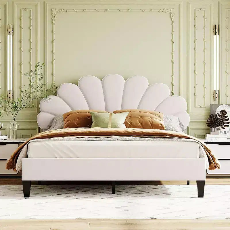 Cama Queen de plataforma de terciopelo – Cabecero floral, listones de madera, no necesita somier, rosa