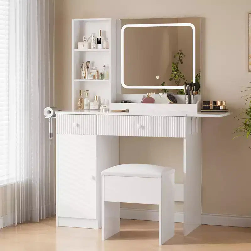 Tocador con espejo iluminado, tomas de corriente, cajones, armario y taburete de almacenamiento - Mesa de tocador para dormitorio