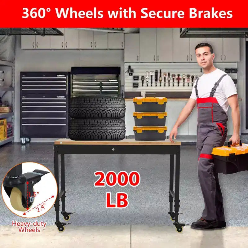 Banco de trabajo ajustable con ruedas de 48"x24" – Capacidad de 2000 lb, tomas de corriente, luces, cajón y 30 ganchos