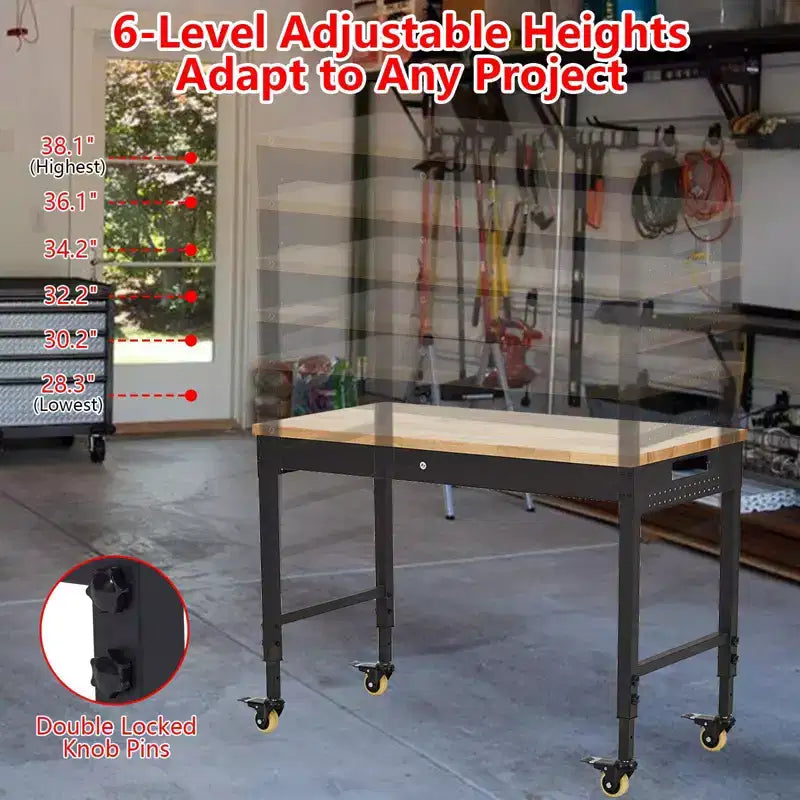 Banco de trabajo ajustable con ruedas de 48"x24" – Capacidad de 2000 lb, tomas de corriente, luces, cajón y 30 ganchos