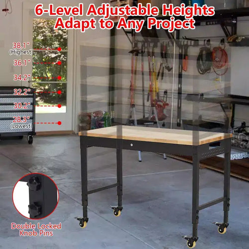 Banco de trabajo ajustable con ruedas de 48"x24" – Capacidad de 2000 lb, tomas de corriente, luces, cajón y 30 ganchos