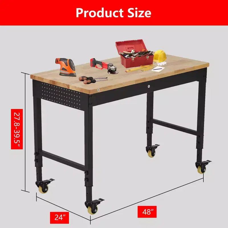 Banco de trabajo ajustable con ruedas de 48"x24" – Capacidad de 2000 lb, tomas de corriente, luces, cajón y 30 ganchos