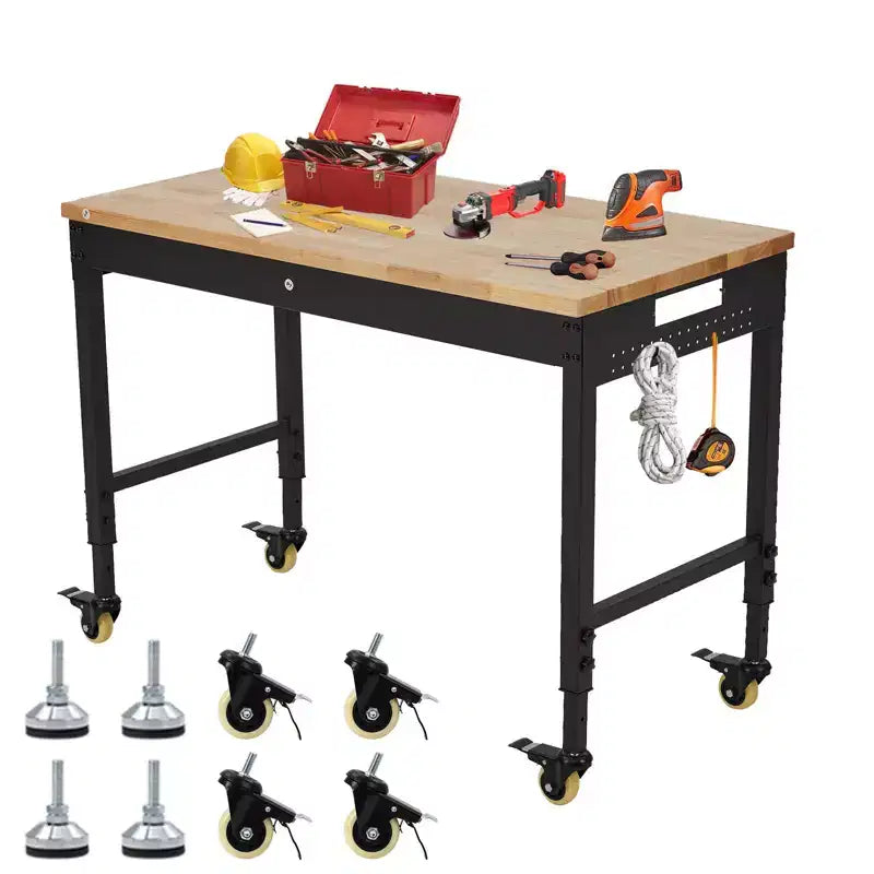 Banco de trabajo ajustable con ruedas de 48"x24" – Capacidad de 2000 lb, tomas de corriente, luces, cajón y 30 ganchos