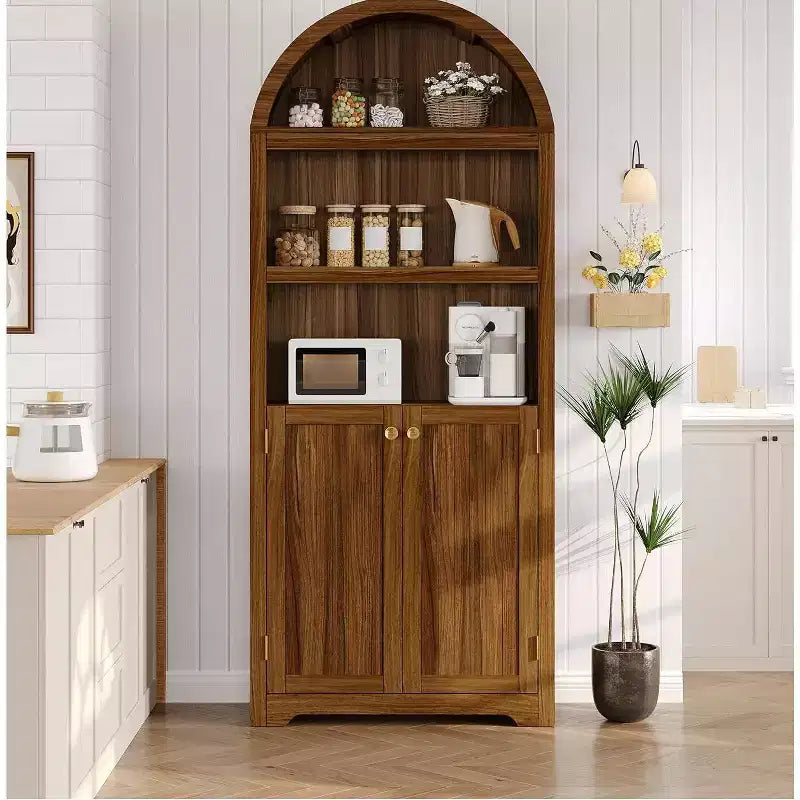Acekool 72 Tall Arched Wood Storage Cabinet, 5-Tier Kitchen Pantry & Bookcase with Doors and Shelves, Walnut, for Living Room, Kitchen, Study