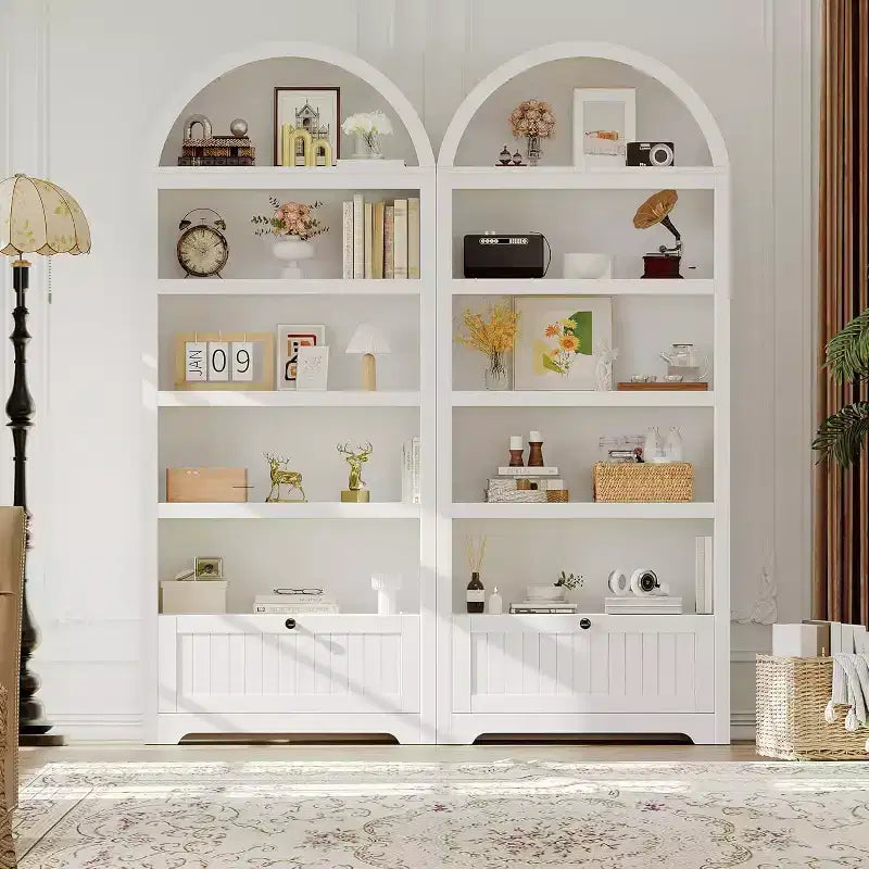 Armario de almacenamiento de madera arqueado de 72 pulgadas de alto – Despensa y estantería de 5 niveles con puertas, Nogal, Bisagras de cierre suave