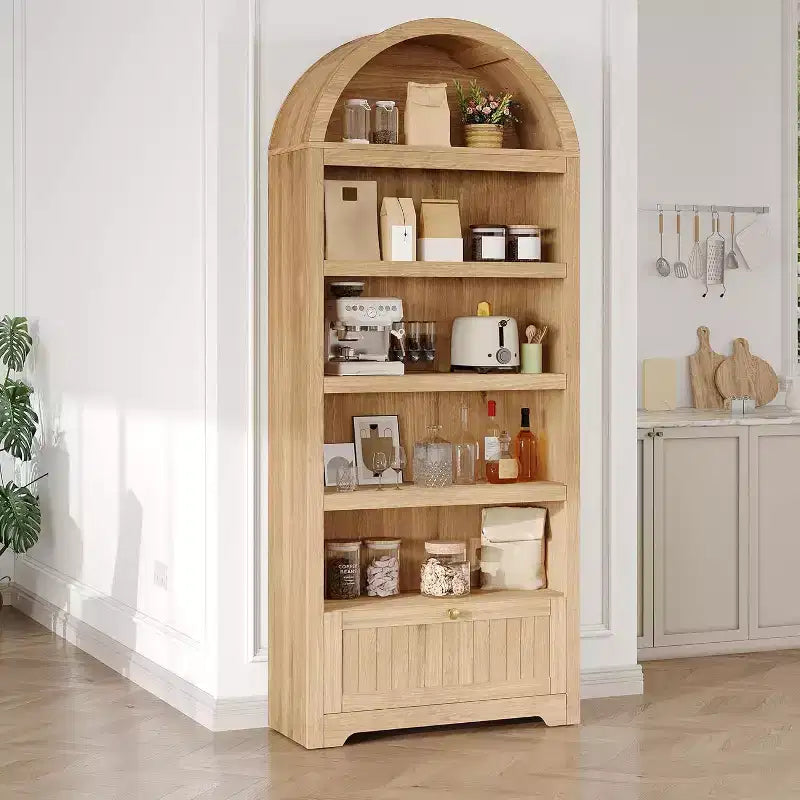 Armario de almacenamiento de madera arqueado de 72 pulgadas de alto – Despensa y estantería de 5 niveles con puertas, Nogal, Bisagras de cierre suave